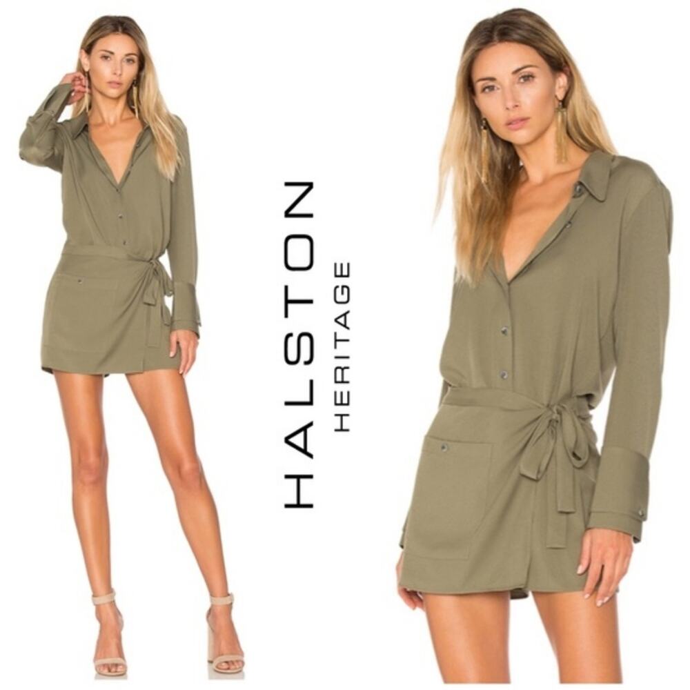 Halston Heritage Long Sleeve Faux Wrap Romper in Olive size 12